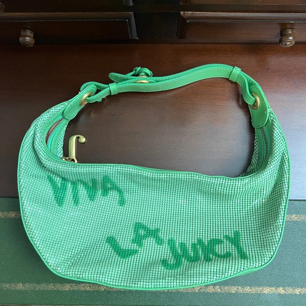 Juicy Couture Viva La Juicy Green Mesh Hobo Bag Leather Trim Heart Logo Brass